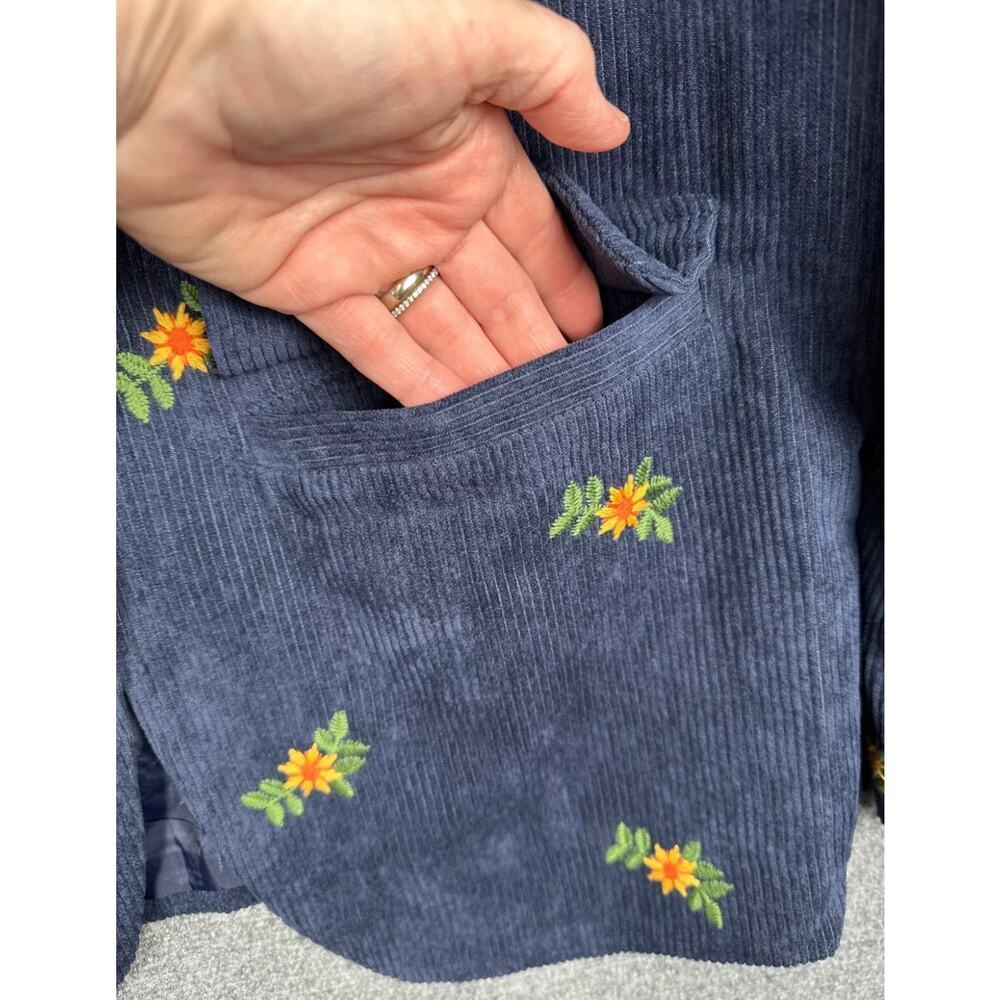 Listicle Floral Embroidered Corduroy Blazer Navy Blue L Boho Cottagecore preppy - Picture 6 of 7